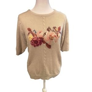 vintage jh collectibles Cream Short Sleeve Sweater Floral Embroidered Sz Small